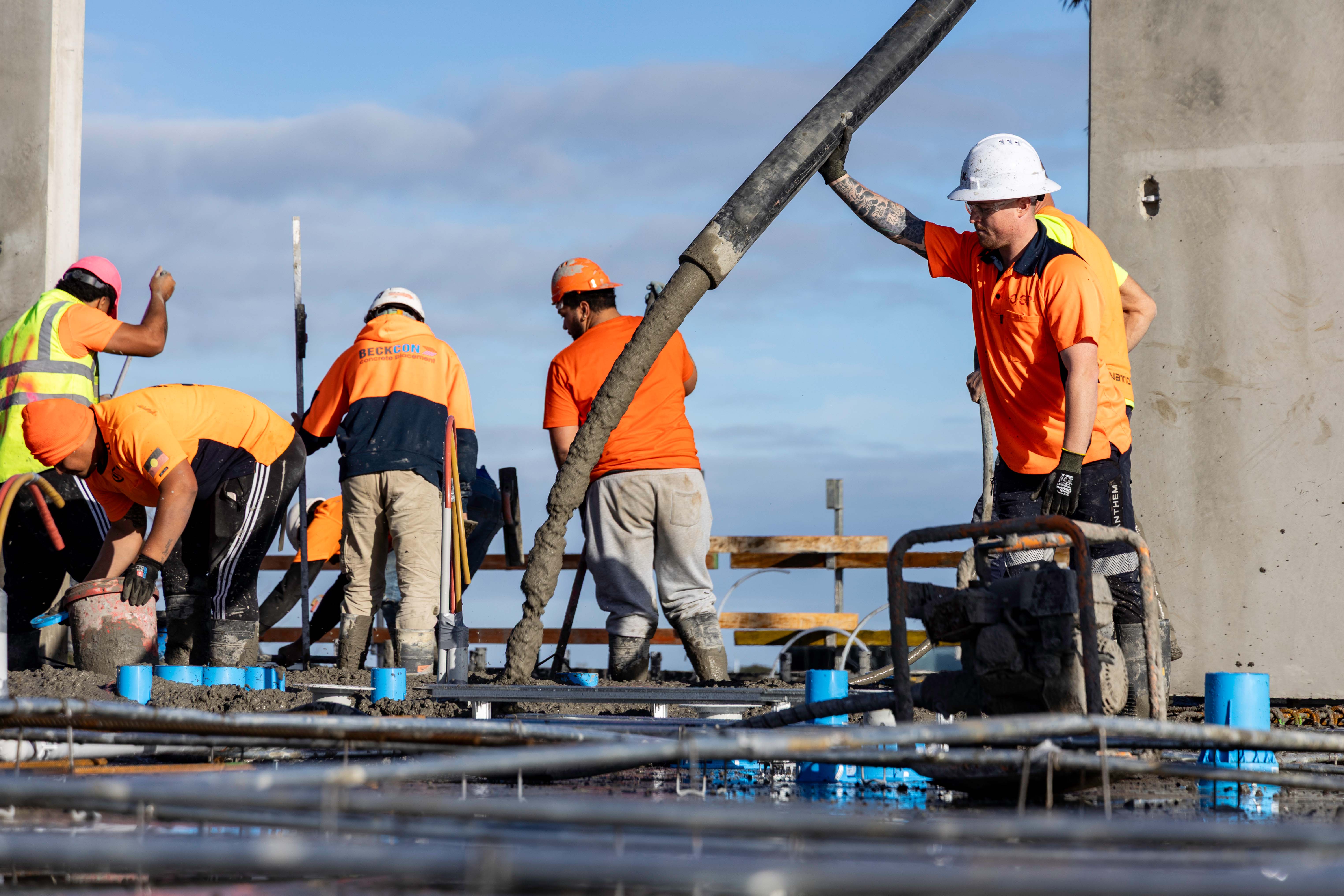 Oceana Concrete Pumping crew members working safely on a construction site in Melbourne.