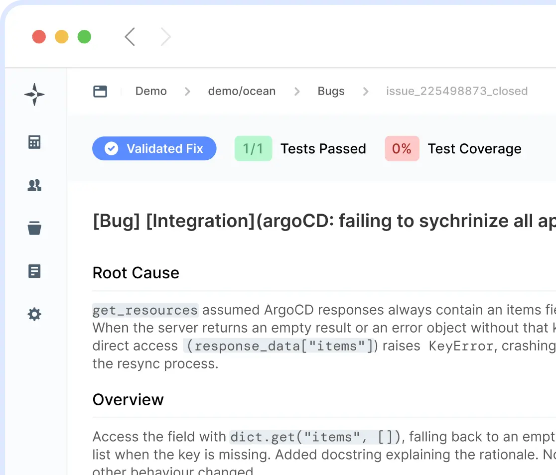 Partial screenshot of LogicStar AI confidence checks and guardrails ensuring safe production-ready bug fixes