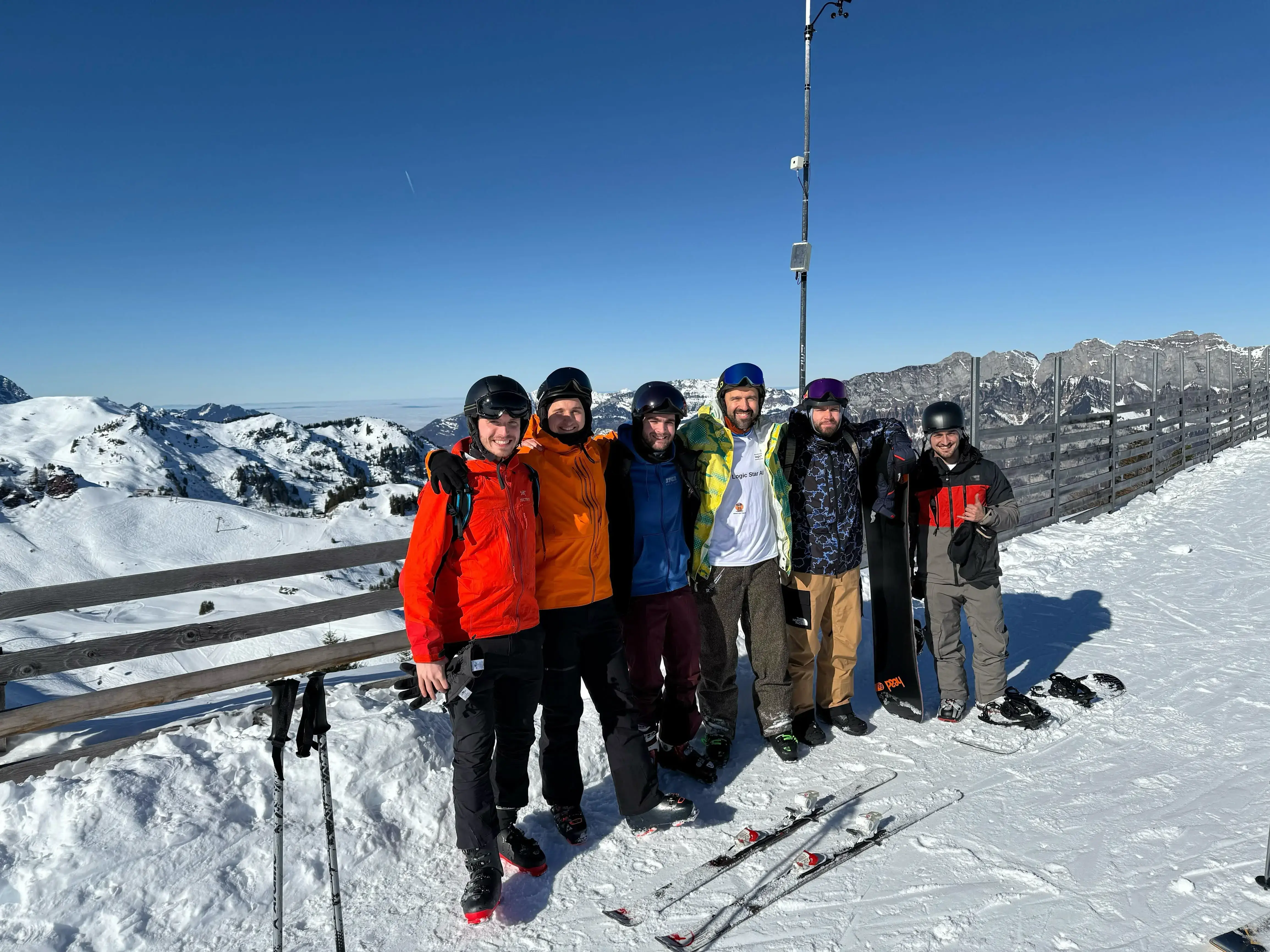 LogicStar AI team skiing together, fostering collaboration and innovation in autonomous AI bug fixing and self-healing software applications