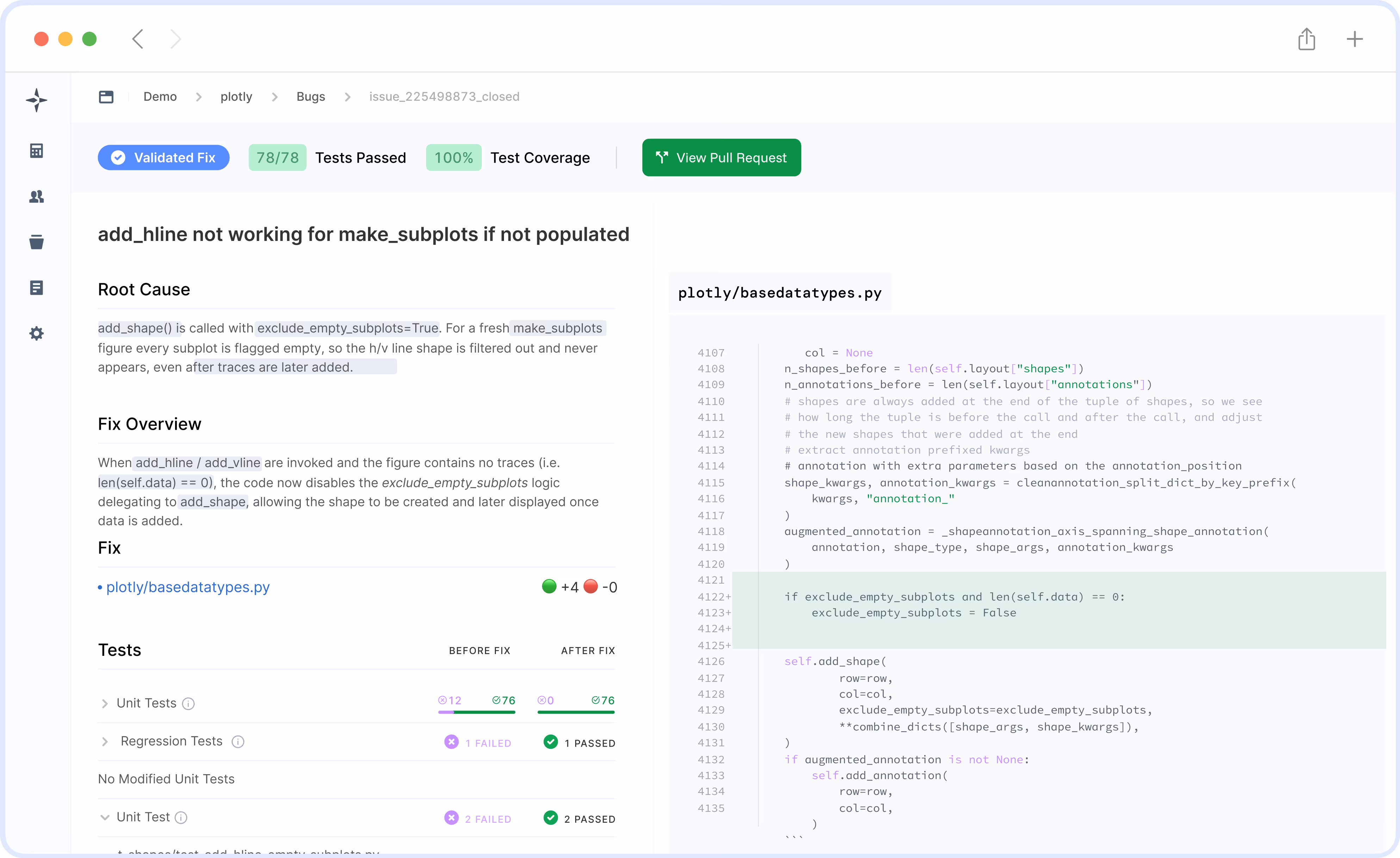 LogicStar application confirming a bug fix is validated and safe to merge, ensuring reliable self-healing software maintenance