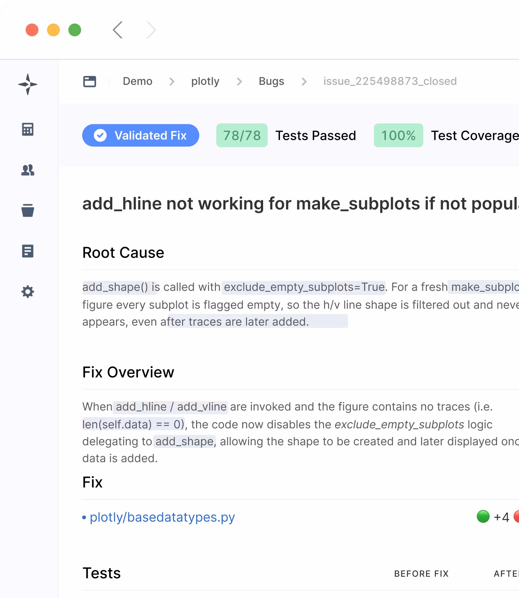Screenshot of LogicStar generating production-ready pull requests with 100 percent test coverage, static analysis, and regression validation
