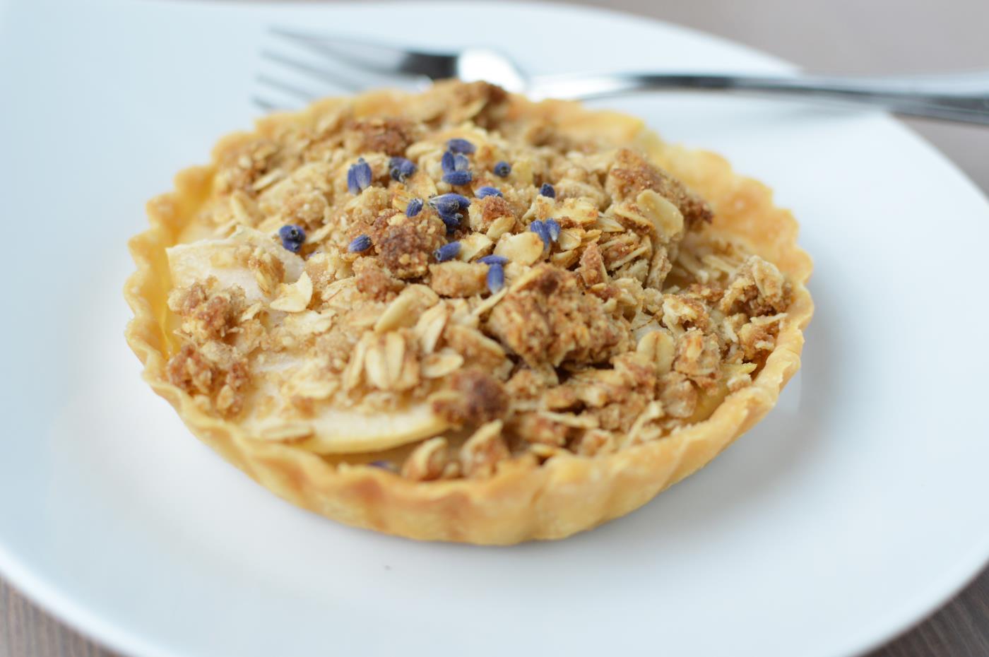 lavender pear tart with lavender essential oil
