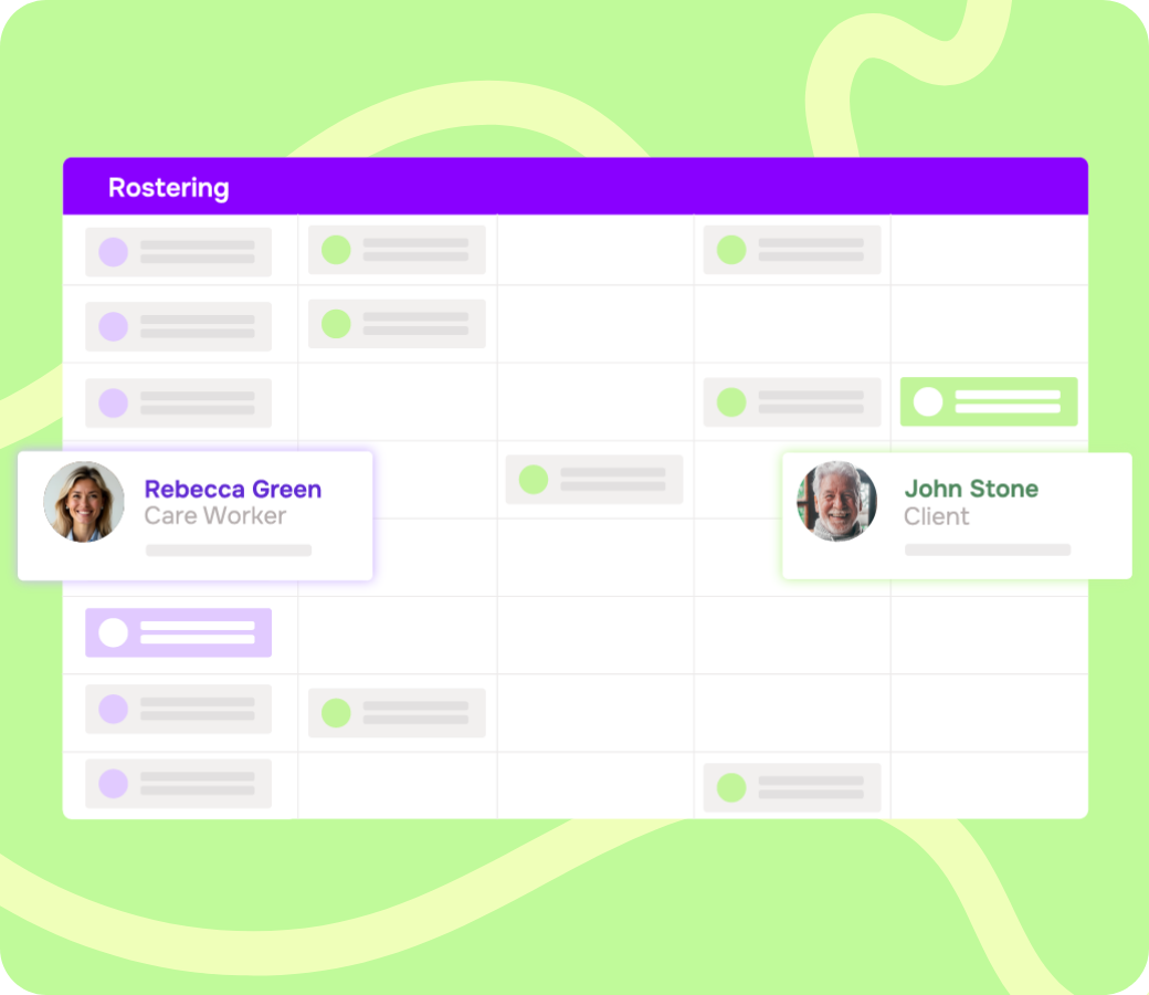 Illustration of the Visualcare rostering grid matching a care worker to a client
