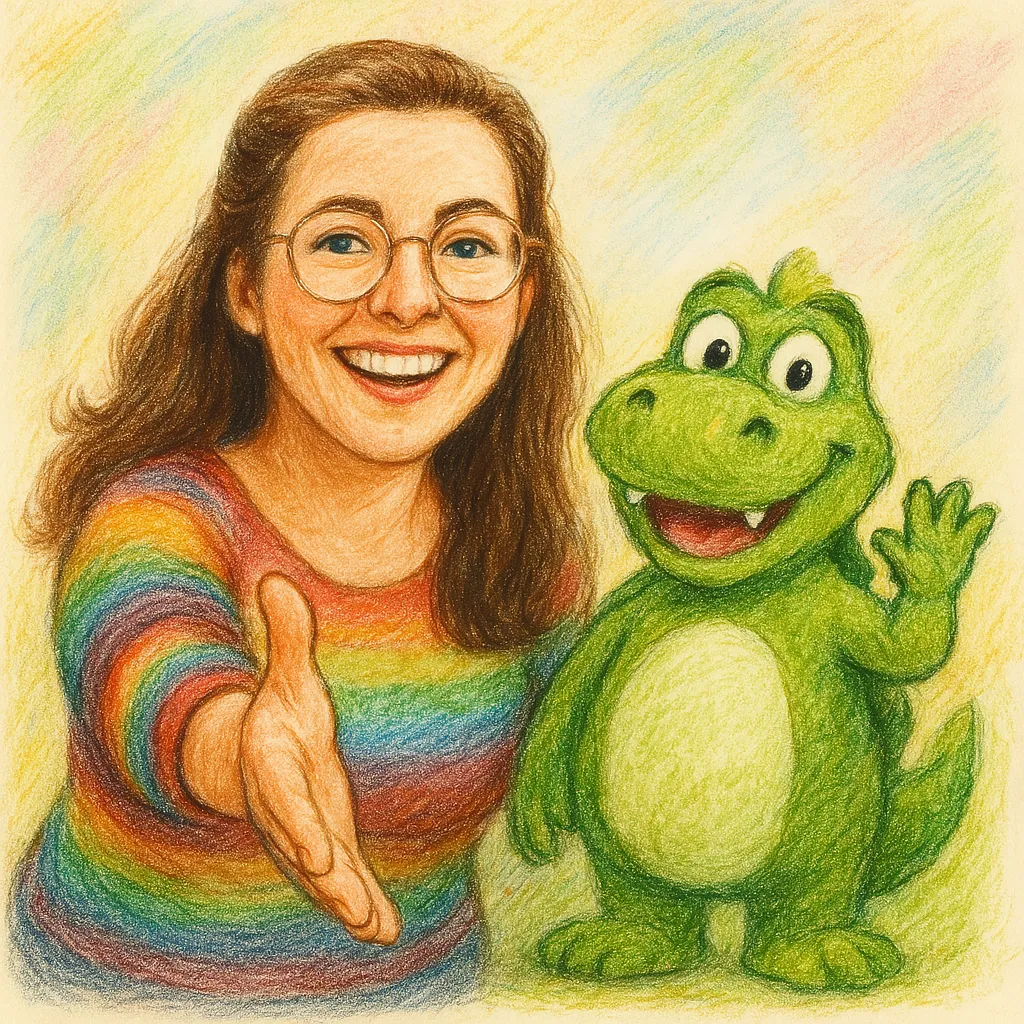 Tagesmutter Ines Boba begrüßt Besucher mit ausgestreckter Hand, begleitet von Maskottchen Boba dem Drachen. Kindertagespflege „Bobas bunte Bande“ in Seevetal heißt Eltern herzlich willkommen