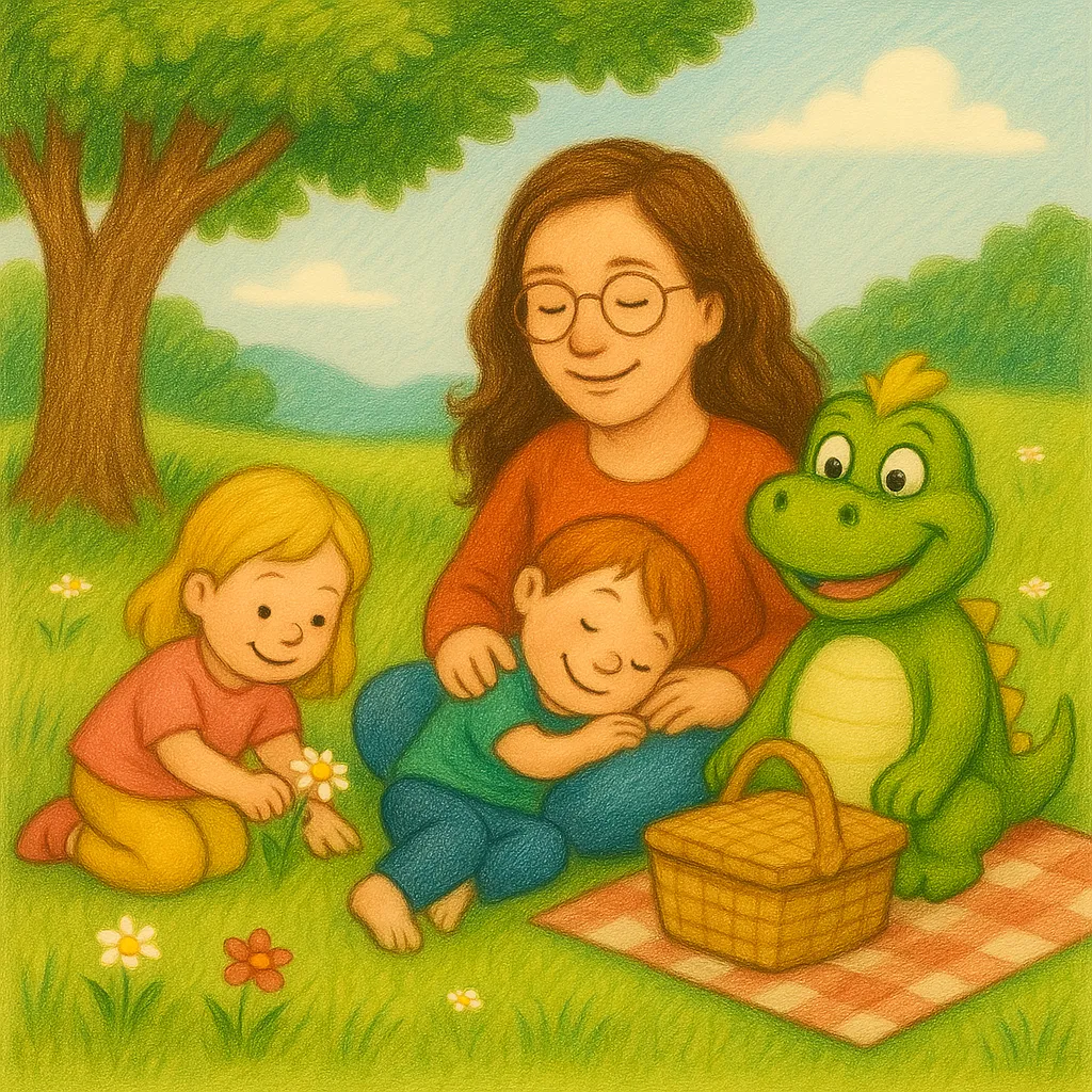 Ines Boba beim Picknick auf einer Blumenwiese mit Kindern. Ein Kind liegt lächelnd auf ihrem Schoß, ein anderes pflückt eine Blume; Maskottchen Boba der Drache sitzt auf der Picknickdecke mit Picknickkorb. Liebevolle Betreuung in der Kindertagespflege „Bobas bunte Bande“ in Seevetal