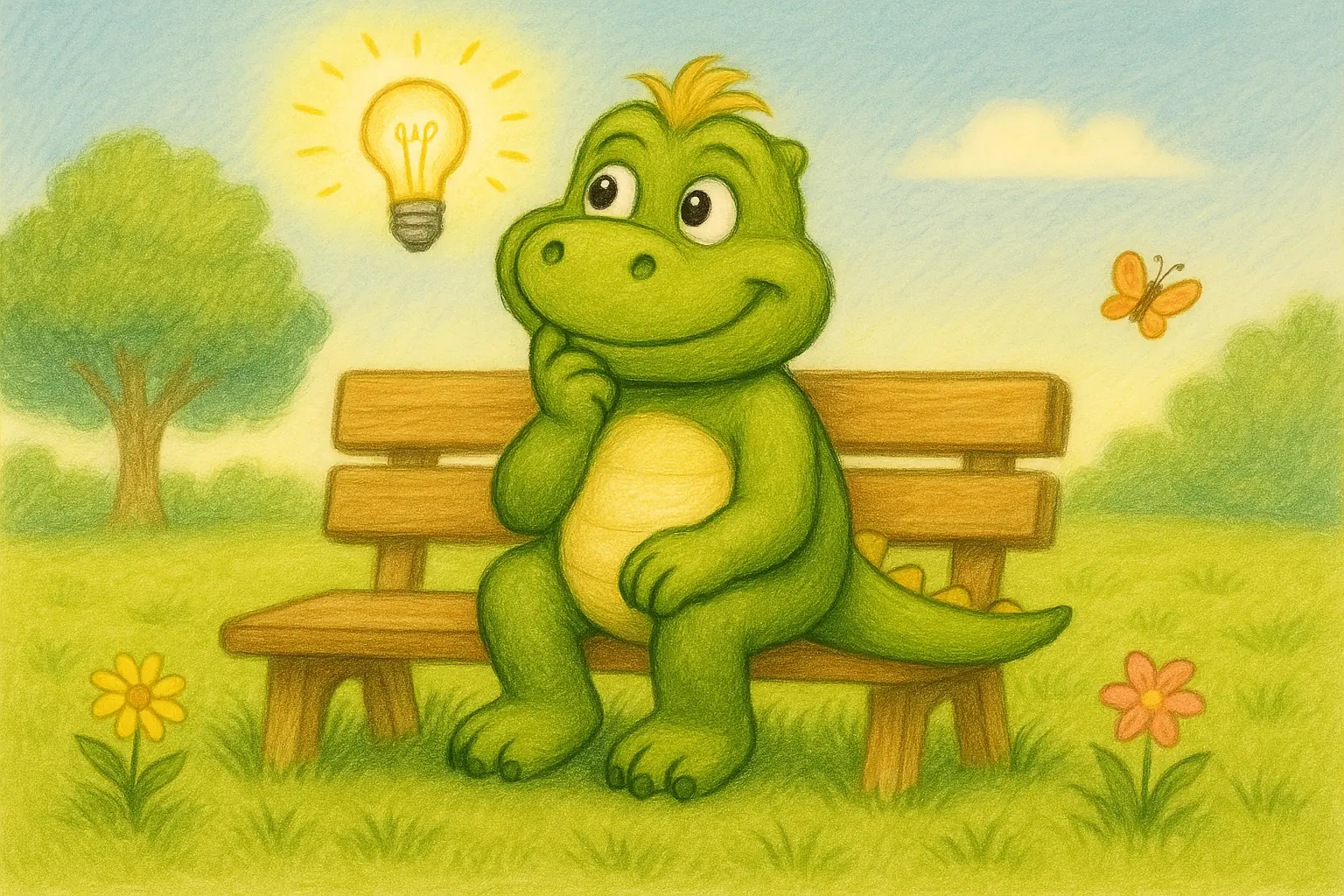 Maskottchen Boba der Drache sitzt nachdenklich auf einer Bank auf einer grünen Wiese. Eine Glühbirne über seinem Kopf symbolisiert eine Idee; Kindertagespflege „Bobas bunte Bande“ in Seevetal