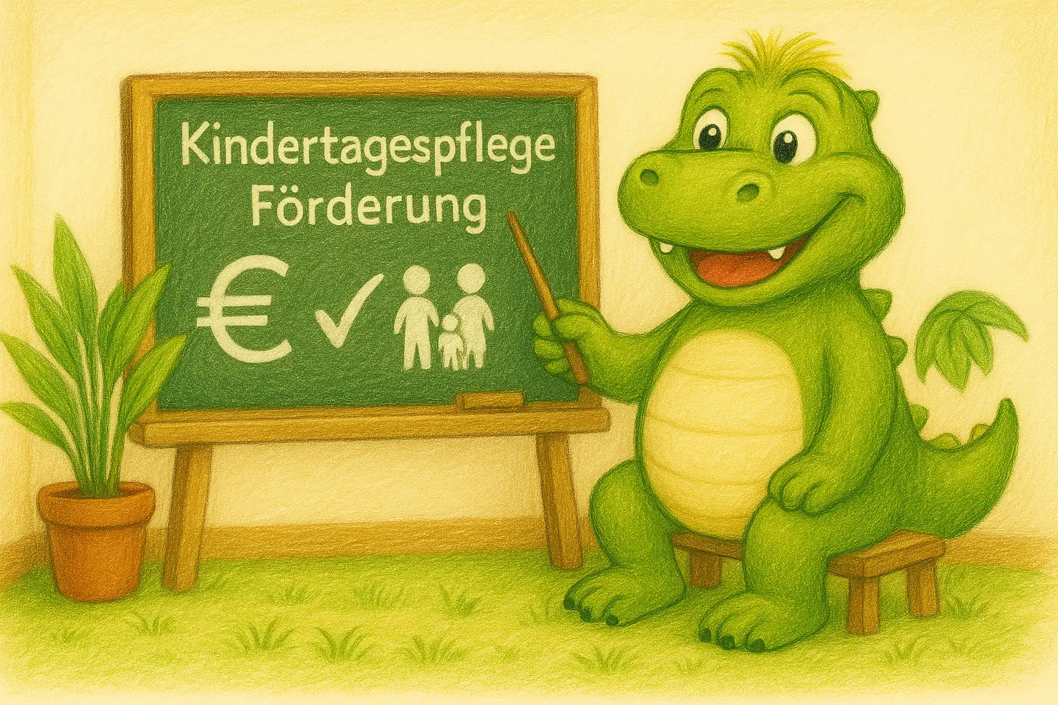 Maskottchen Boba der Drache sitzt auf einem Holzbänkchen und zeigt mit einem Zeigestock auf eine grüne Tafel mit dem Schriftzug „Kindertagespflege Förderung“ – Hinweis auf die öffentliche und finanzielle Förderung der Kindertagespflege bei Bobas bunte Bande in Seevetal