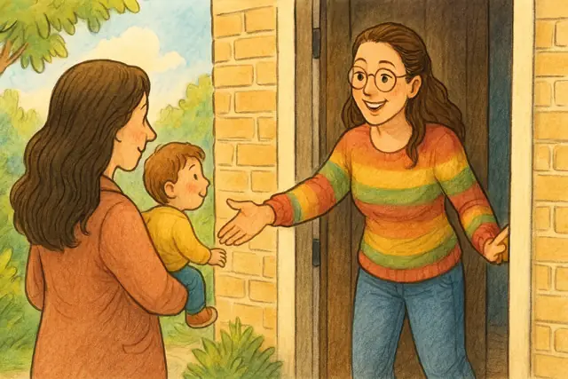 Tagesmutter Ines Boba begrüßt eine Mutter mit ihrem Kind an der Haustür der Kindertagespflege „Bobas bunte Bande“ in Seevetal. Persönlicher Empfang um die Räume zu zeigen.
