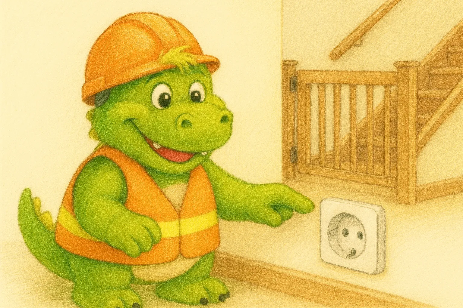 Maskottchen Boba der Drache trägt Schutzhelm und Warnweste und zeigt auf eine kindersichere Steckdose. Symbolisches Bild für Sicherheitsmaßnahmen in der Kindertagespflege „Bobas bunte Bande“ in Seevetal