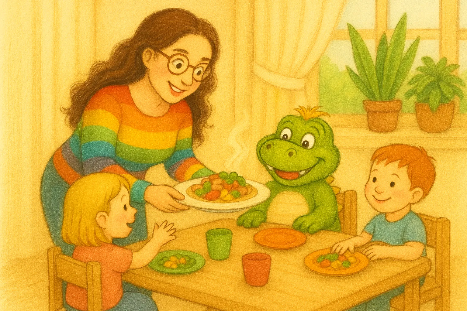 Tagesmutter Ines Boba serviert Kindern eine Mahlzeit am Esstisch – zwei Kinder und Maskottchen Boba der Drache sitzen bereit in der Kindertagespflege „Bobas bunte Bande“ in Seevetal