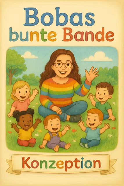 Ines Boba sitzt mit fünf Kindern auf einer Wiese – Deckblattmotiv der Kindertagespflege-Konzeption „Bobas bunte Bande“ in Seevetal, das Nähe, Freude und Naturverbundenheit zeigt