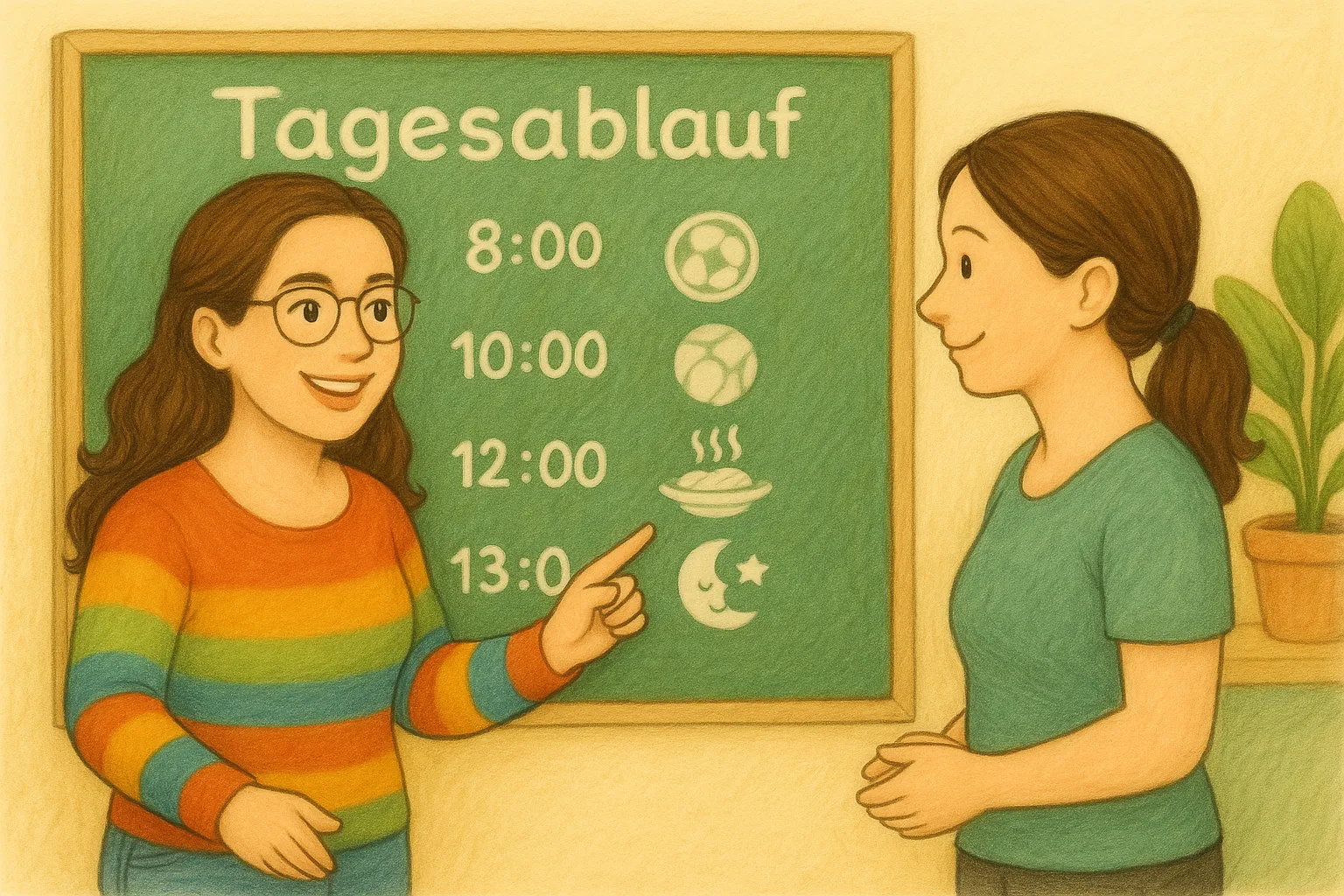 Tagesmutter Ines Boba erklärt einer Mutter den Tagesablauf an einer großen Tafel – strukturierter Alltag in der Kindertagespflege „Bobas bunte Bande“ in Seevetal