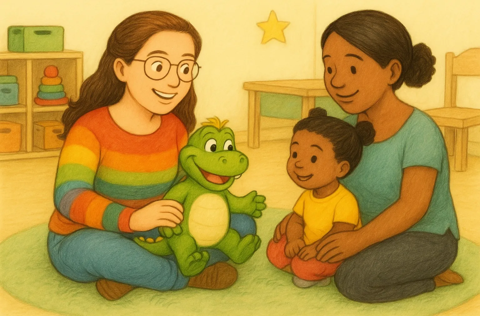 Ines Boba sitzt im Betreuungsraum mit Maskottchen Boba auf dem Schoß, gegenüber eine Mutter mit ihrem Kind – behutsame Eingewöhnung in der Kindertagespflege „Bobas bunte Bande“ in Seevetal