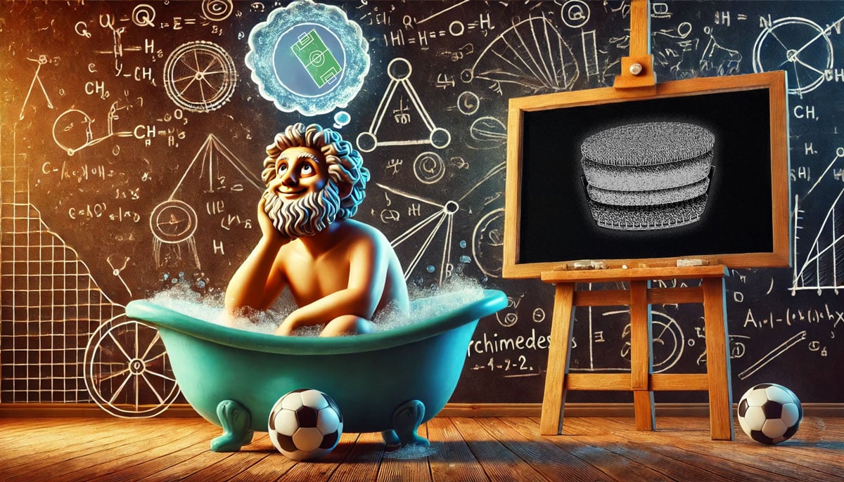 Cartoon van Archimedes in bad, dromend over sportvelden en bodemlagen, met voetbalthema en wiskundige formules op het schoolbord