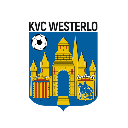 Logo van voetbalclub KVC Westerlo met kasteelpoort, voetbal en wapenschilden op blauwe achtergrond