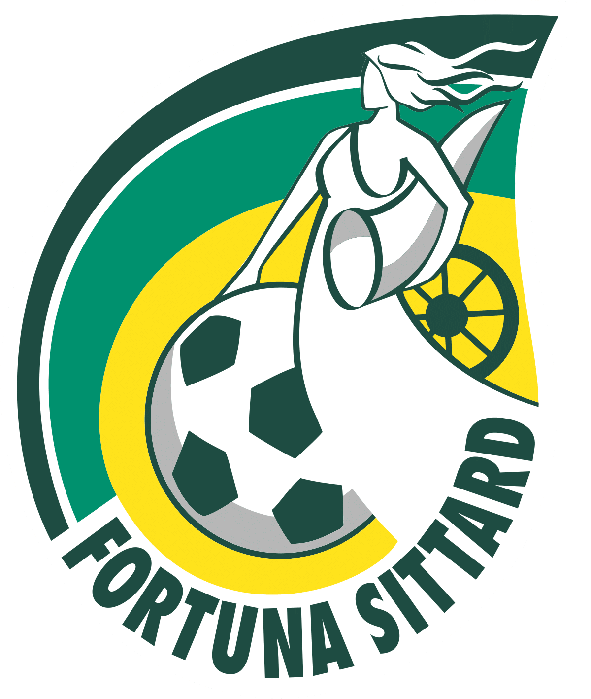 Logo van voetbalclub Fortuna Sittard met gestileerde vrouw, hoorn des overvloeds en voetbal
