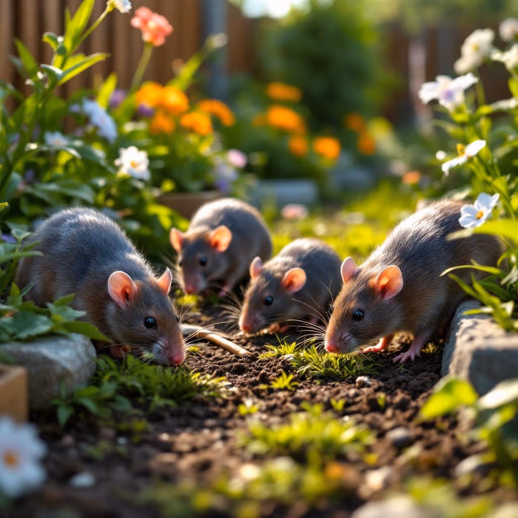 Mehrere Ratten unterschiedlicher Größe und Fellfarbe (braun, grau, schwarz) bewegen sich in einem gepflegten Garten mit grünem Rasen, blühenden Blumen und Gemüsebeeten. Sie schnüffeln am Boden, verstecken sich zwischen Steinkanten und Holzbeeten. Morgentau liegt auf den Blättern, und warmes Sonnenlicht fällt durch das Laub. Im Hintergrund ist ein Holzzaun zu sehen. Die Perspektive ist bodennah, mit klaren Details wie Schnurrhaaren, Krallen und Erde.