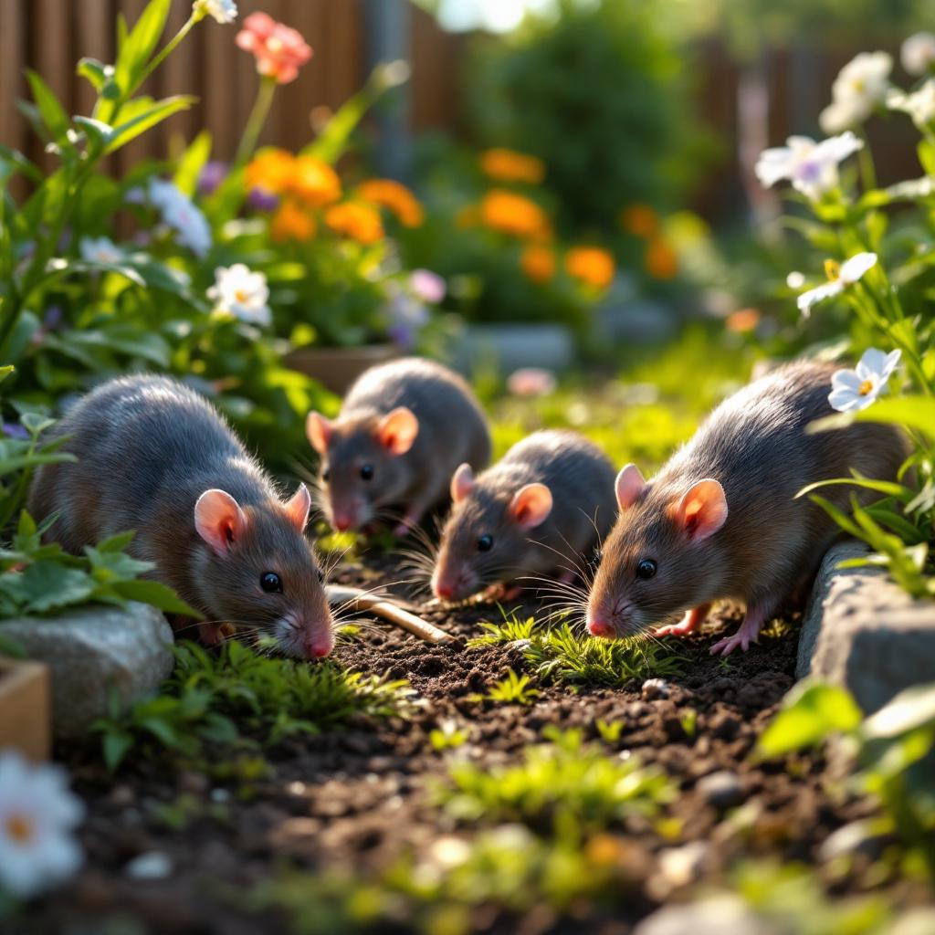 Mehrere Ratten unterschiedlicher Größe und Fellfarbe (braun, grau, schwarz) bewegen sich in einem gepflegten Garten mit grünem Rasen, blühenden Blumen und Gemüsebeeten. Sie schnüffeln am Boden, verstecken sich zwischen Steinkanten und Holzbeeten. Morgentau liegt auf den Blättern, und warmes Sonnenlicht fällt durch das Laub. Im Hintergrund ist ein Holzzaun zu sehen. Die Perspektive ist bodennah, mit klaren Details wie Schnurrhaaren, Krallen und Erde.