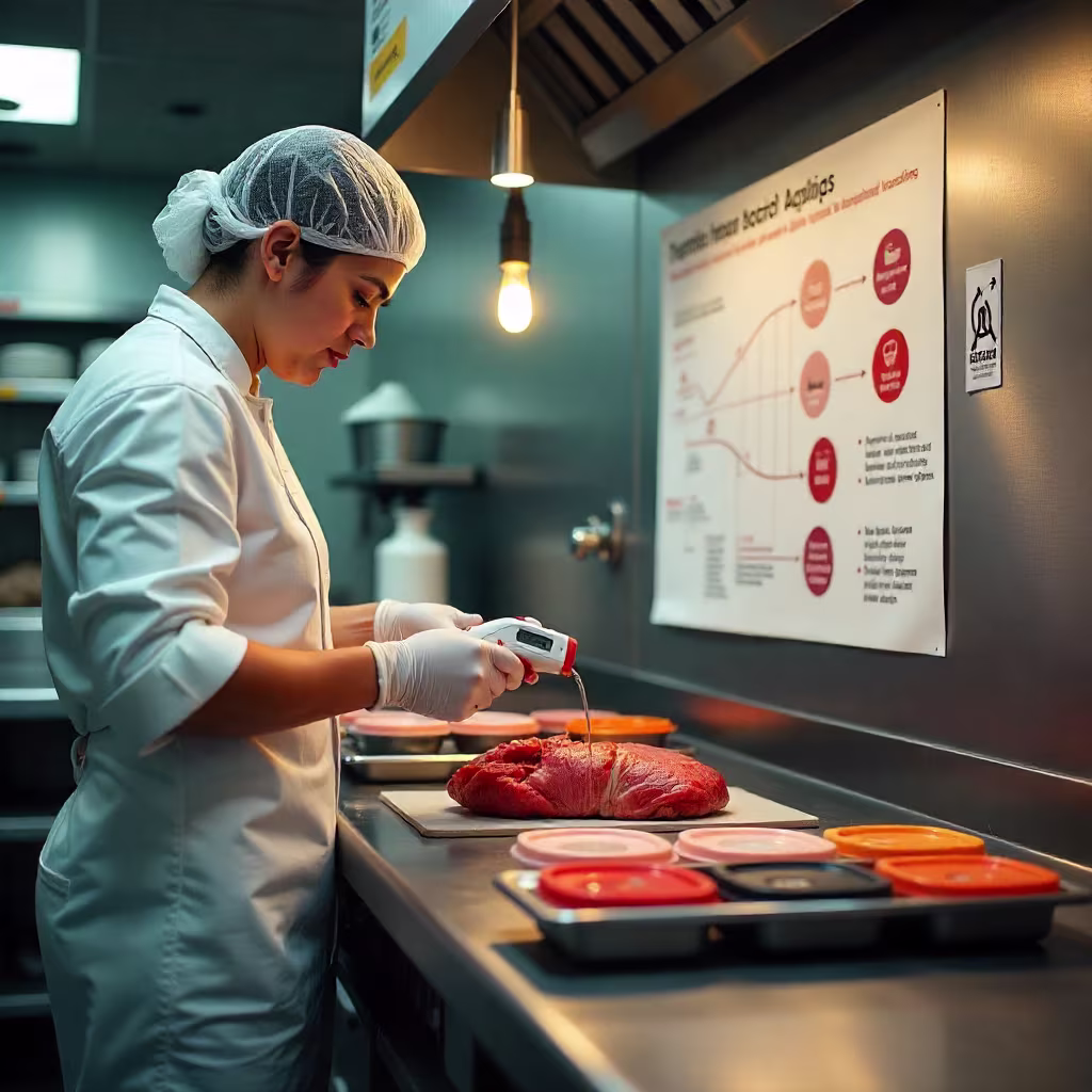 Eine professionelle Küche mit strengen Hygienestandards: Ein Koch in weißer Uniform, Haarnetz und Handschuhen misst die Temperatur von gegartem Fleisch mit einem digitalen Thermometer. Auf der Edelstahl-Arbeitsfläche stehen farblich gekennzeichnete Behälter für rohe und gekochte Lebensmittel. Im Hintergrund hängt ein großes HACCP-Diagramm an der Wand, daneben Hygienehinweise und Desinfektionsmittel. Die Küche wirkt hell, sauber und ordentlich.