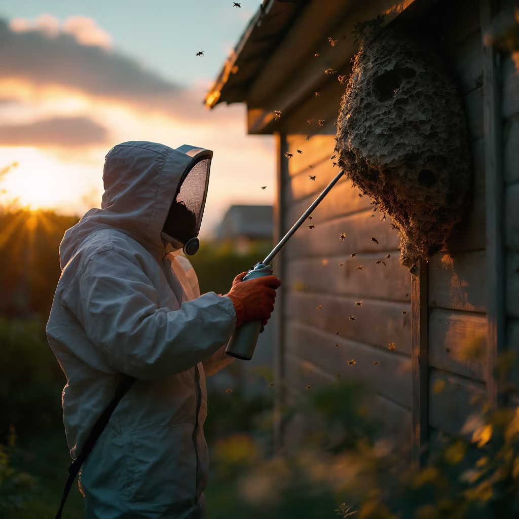 Eine Person entfernt ein Wespennest im Garten bei Abenddämmerung. Sie trägt Schutzkleidung mit Handschuhen und einem Gesichtsschutz und sprüht mit einer langen Insektiziddose auf ein großes, papierartiges Nest unter dem Dachvorsprung eines Holzschuppens. Mehrere Wespen fliegen aufgeregt um das Nest. Im Hintergrund sind Büsche und ein Himmel in warmem Abendlicht zu sehen.