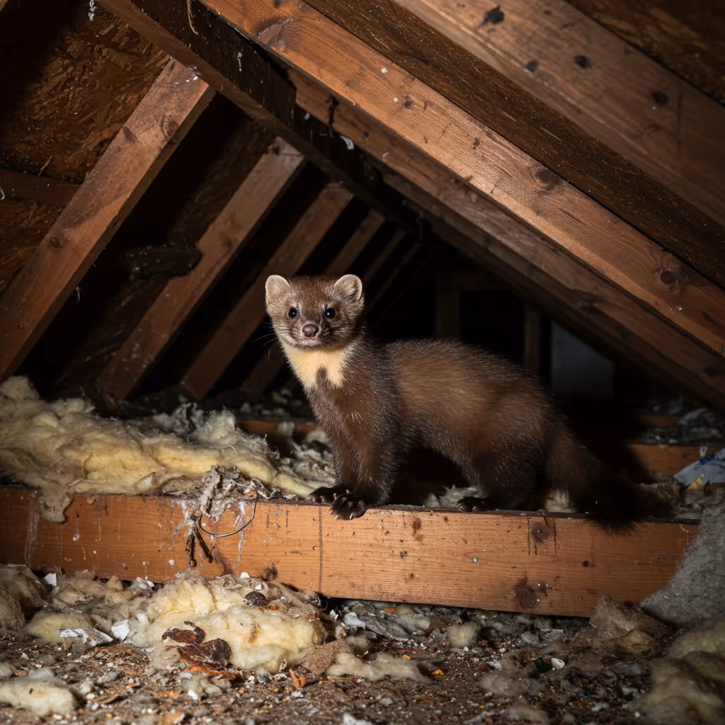 "Ein europäischer Marder steht nachts in einem Dachboden auf Holzbalken zwischen Dämmmaterial und herumliegendem Schmutz. Sein dunkelbraunes Fell und der helle Kehlfleck sind deutlich zu erkennen. Die Szene ist schwach beleuchtet, mit Lichtreflexen in den Augen des Tieres. Spuren wie Kot, zerbissene Dämmung und Kratzspuren an Holz sind sichtbar."