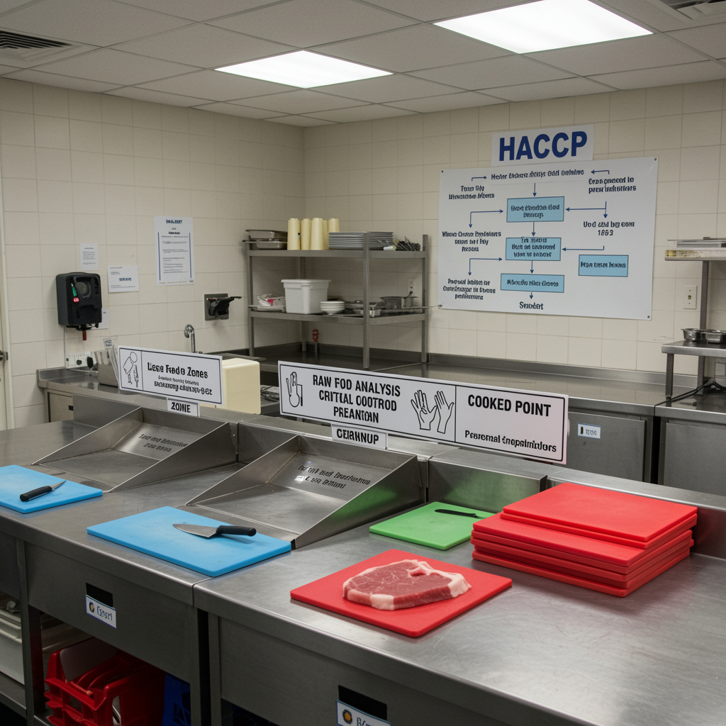 Eine professionelle Edelstahlküche zeigt anschaulich das HACCP-Konzept: Gekennzeichnete Arbeitszonen für rohe und gegarte Lebensmittel, farblich codierte Schneidebretter und Hinweisschilder zu Hygienemaßnahmen und Temperaturkontrollen. An der Wand hängt ein übersichtliches HACCP-Diagramm mit Schritten wie Gefahrenanalyse und Überwachung. Die Szene wirkt sauber, strukturiert und lehrreich.