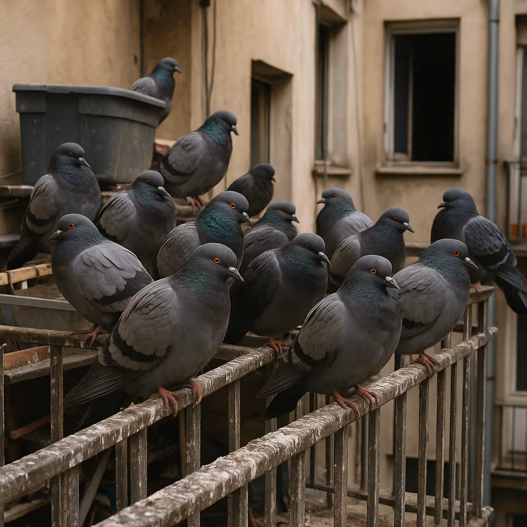 Lästige Tauben auf verschmutztem Balkongeländer, Taubenproblem im urbanen Wohnbereich mit Kot