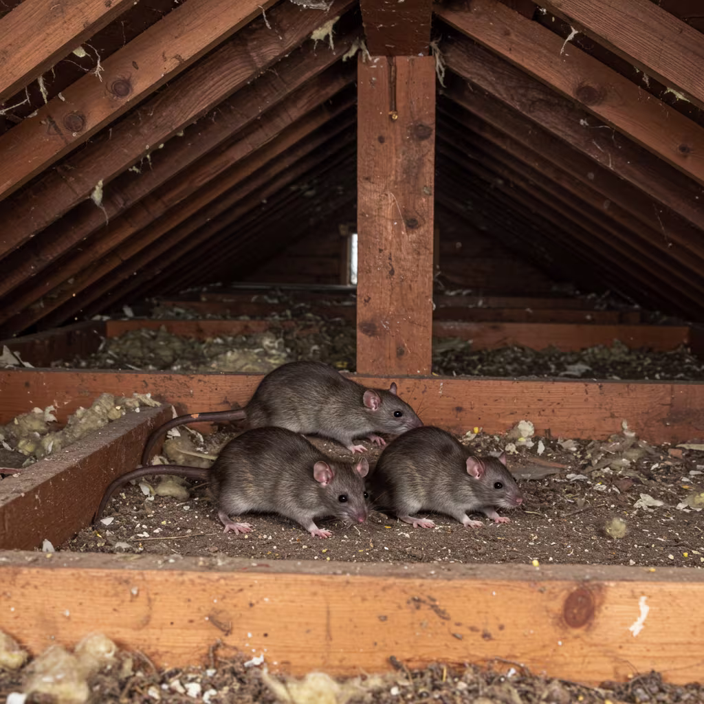 Mehrere Ratten bewegen sich auf dem Dachboden zwischen Holzbalken und alter Dämmung. Die Tiere haben graubraunes Fell, lange nackte Schwänze und spitze Schnauzen. Gedämpftes Licht fällt durch eine Öffnung im Dach, Staub liegt in der Luft, und die Umgebung wirkt eng, dunkel und verlassen.