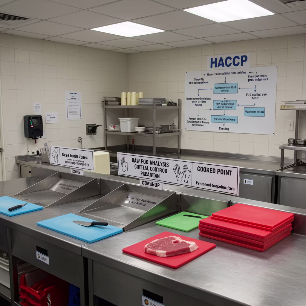 Eine professionelle Edelstahlküche zeigt anschaulich das HACCP-Konzept: Gekennzeichnete Arbeitszonen für rohe und gegarte Lebensmittel, farblich codierte Schneidebretter und Hinweisschilder zu Hygienemaßnahmen und Temperaturkontrollen. An der Wand hängt ein übersichtliches HACCP-Diagramm mit Schritten wie Gefahrenanalyse und Überwachung. Die Szene wirkt sauber, strukturiert und lehrreich.