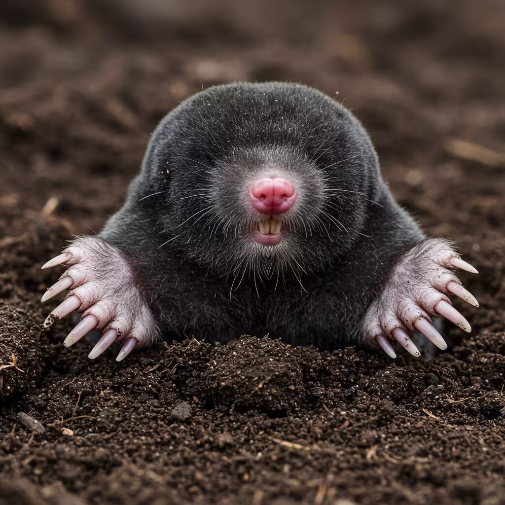 Ein Maulwurf mit dunklem, samtigem Fell schaut aus frischer Erde hervor. Seine kräftigen, schaufelartigen Vorderpfoten mit großen Krallen sind deutlich sichtbar, während Augen und Ohren kaum erkennbar sind.