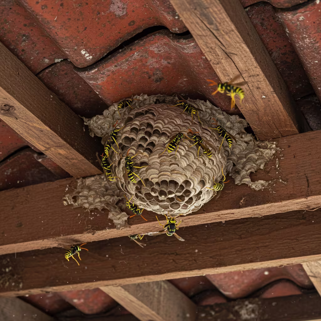 Im Inneren eines Dachstuhls hängt ein großes Wespennest an einem Holzbalken unter den Dachziegeln. Mehrere gelb-schwarz gestreifte Wespen krabbeln auf der papierartigen Oberfläche oder fliegen in der Nähe. Durch kleine Öffnungen im Dach fällt Tageslicht ein und beleuchtet die Holzstruktur und Staubpartikel in der Luft.