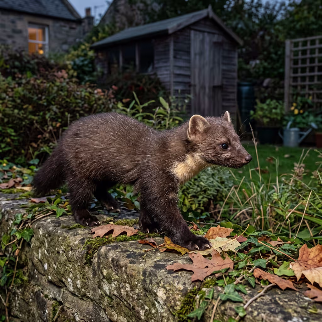 Fotorealistische Darstellung eines Marders in einem Garten oder am Rand eines Wohngebiets in der Dämmerung. Das Tier bewegt sich vorsichtig entlang eines Zauns oder einer Mauer, mit aufmerksamem Blick. Die Umgebung besteht aus Gras, Sträuchern, Laub und dezenten Hinweisen auf menschliche Nähe wie Dachziegel oder ein Schuppen im Hintergrund. Das Fell, insbesondere der helle Kehlfleck, ist detailreich sichtbar. Die Beleuchtung ist kühl und weich, typisch für den Abend, mit sanften Schatten und natürlicher Atmosphäre.