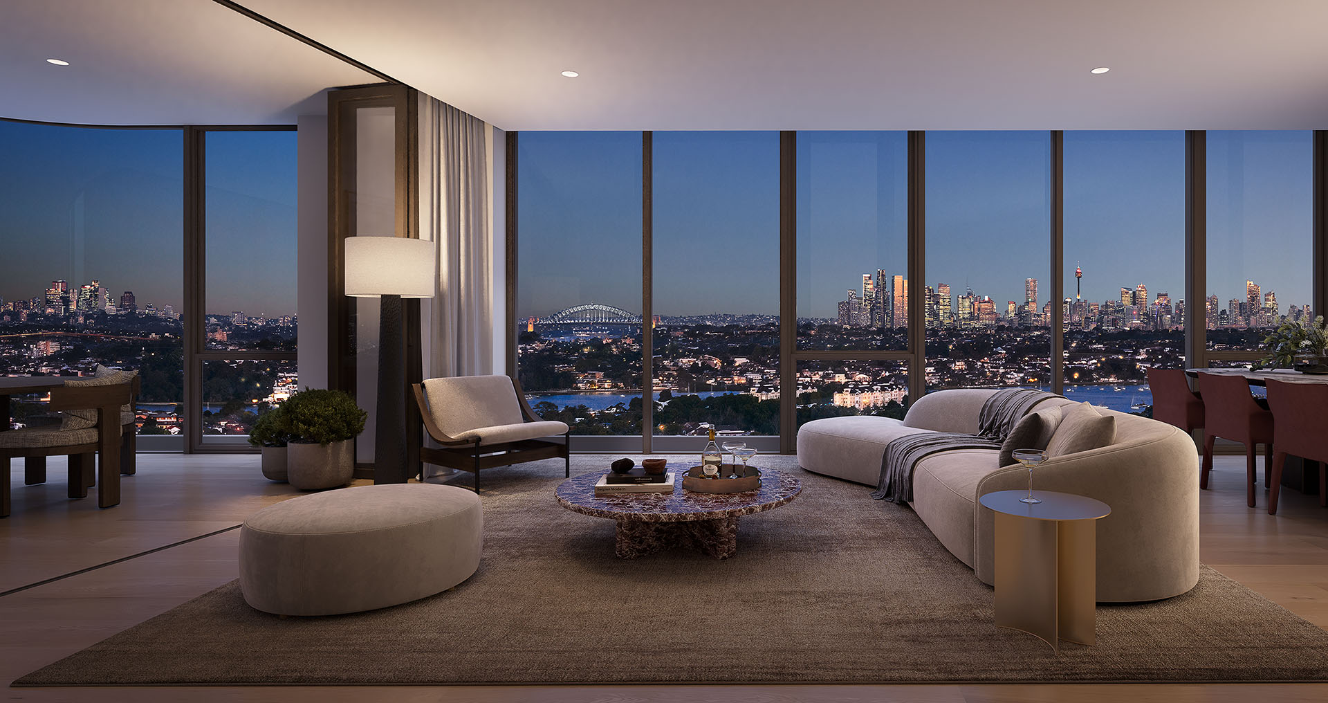 Sky home living room with skyline views at Concord Central