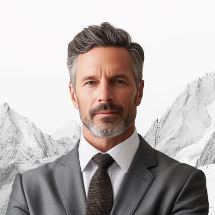 Middle-aged caucasian businessman on a snowy mountain background