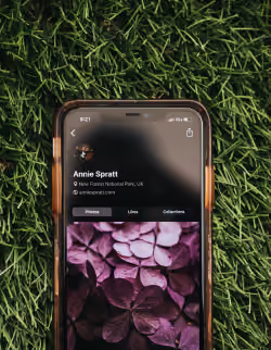Smartphone auf grünem Gras mit einem Profilbild von Annie Spratt, das violette Blätter zeigt.