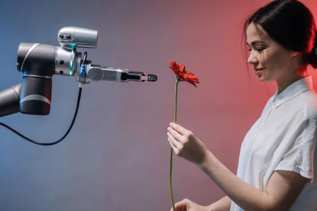 A woman holding a red flower in front of a robot.