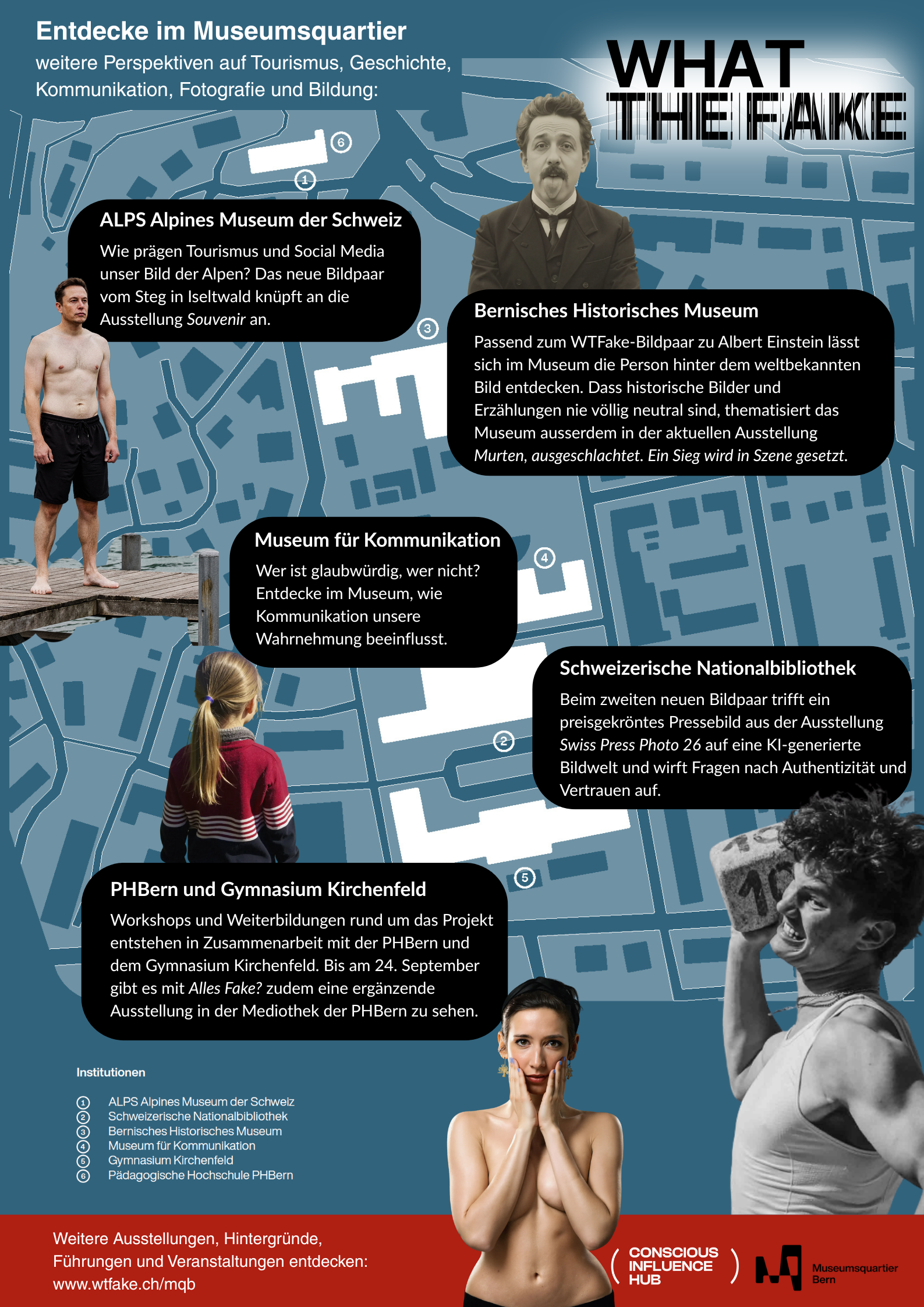 Map with museum tips and photos of people, matching the 'What The Fake' theme.