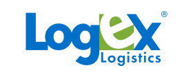 Logo LogEx Logistics v modré barvě a zeleným písmenem "e"