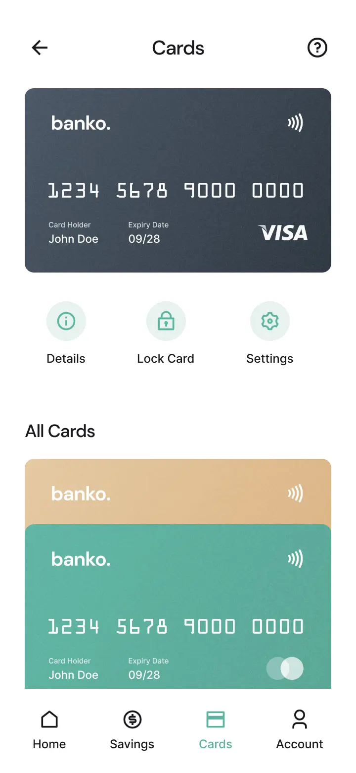 application mobile affichant plusieurs cartes bancaires virtuelles