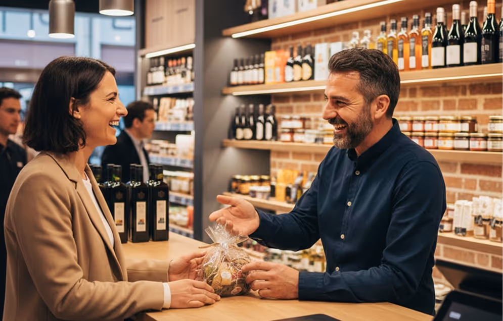 Customer and shop assistant smiling and exchanging a wrapped gift basket at a store counter with shelves of assorted products in the background.