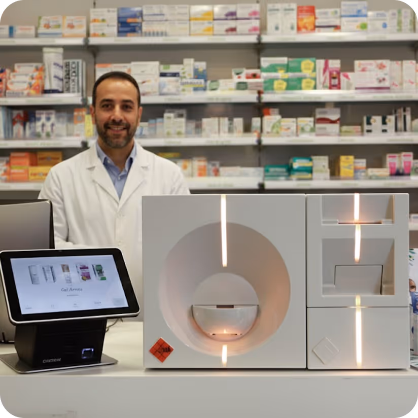 Customers in line at a modern bakery counter with a smiling male baker behind a glass display of croissants and pastries.