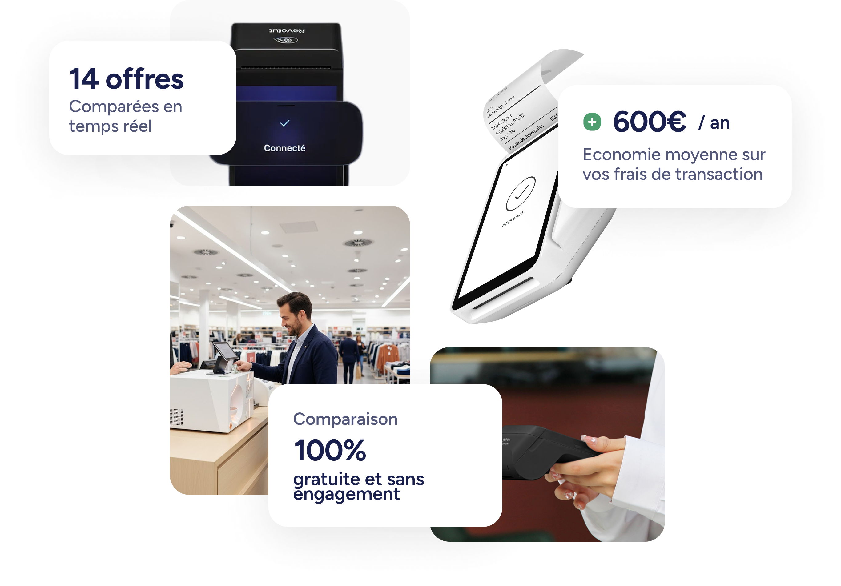 Collage with images of people using self-service payment machines and text in French promoting rental starting at 5€/day, guaranteed zero cash errors, and average savings of 1200€ on estimates.