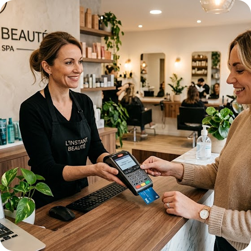 Customers in line at a modern bakery counter with a smiling male baker behind a glass display of croissants and pastries.