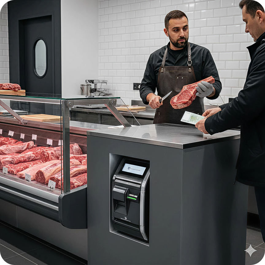 Customers in line at a modern bakery counter with a smiling male baker behind a glass display of croissants and pastries.