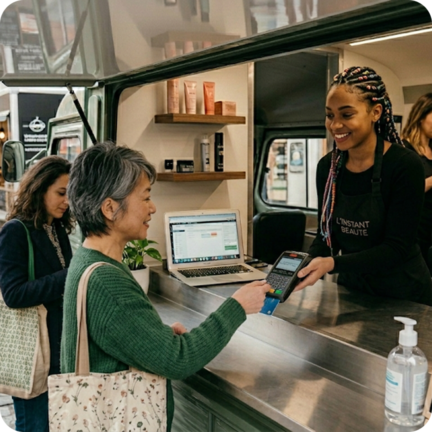 Customers in line at a modern bakery counter with a smiling male baker behind a glass display of croissants and pastries.