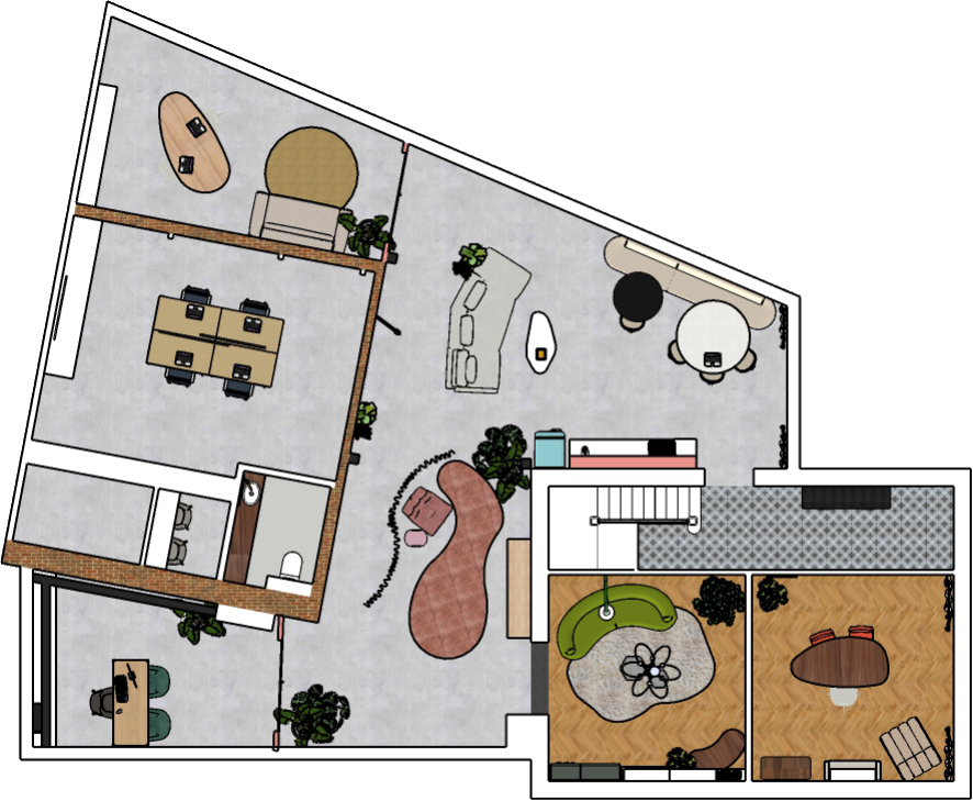 Plattegrond van een woning met leefruimte en bureau.