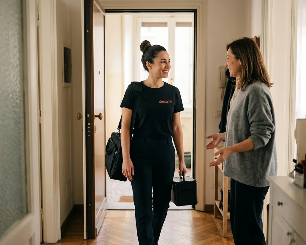 Estetista Deeva con borsa da lavoro accolta sulla porta di casa da una cliente sorridente
