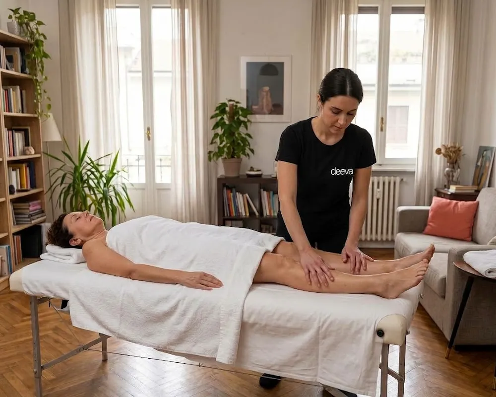 Massaggio linfodrenante alle gambe a domicilio, su lettino con telo monouso