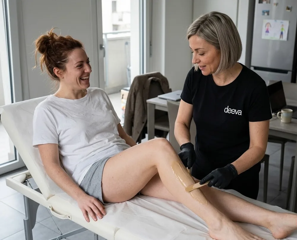Ceretta alle gambe a domicilio: l'estetista stende la cera e la cliente ride, seduta sul lettino