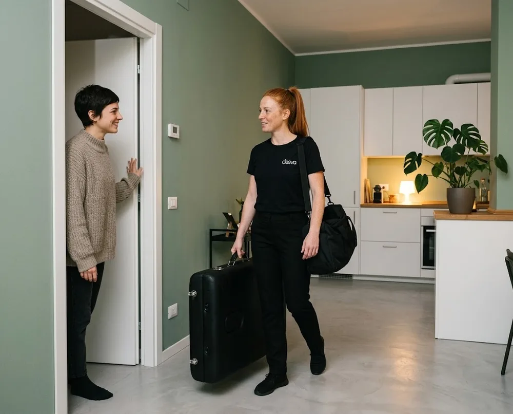 Professionista Deeva che arriva a casa della cliente con il lettino da massaggio portatile